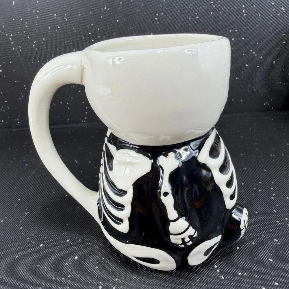 Pottery Barn Skeleton Mugs Set of 2 Black White Ceramic Halloween Coffee Cups
